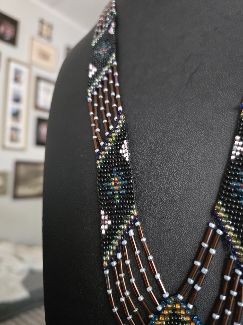 Handcrafted Beaded Fringe Necklace - Black and Brown - Picture 4 of 7